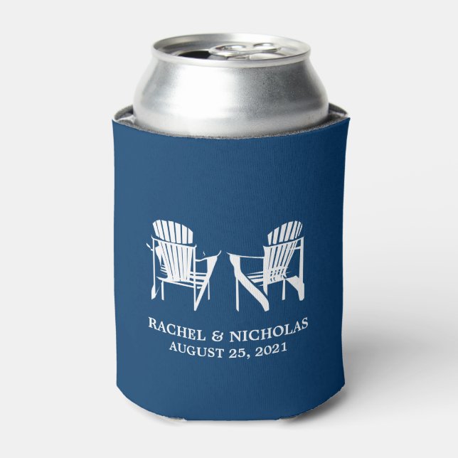 Adirondack Beach Chairs Dark Blue | Wedding Can Cooler (Can Front)
