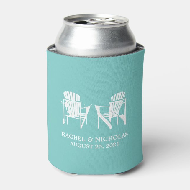Adirondack Beach Chairs Light Teal | Wedding Can Cooler (Can Front)