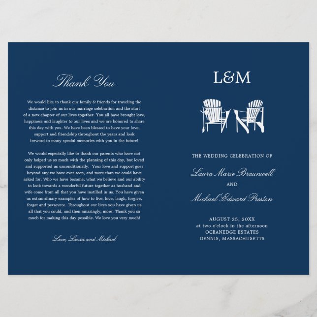 Adirondack Beach Chairs Navy Blue Wedding Program (Front)