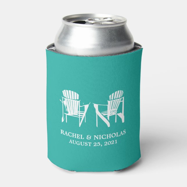 Adirondack Beach Chairs Teal | Wedding Can Cooler (Can Front)