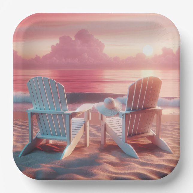 Adirondack Chairs In Pink Sunset Paper Plate (Front)