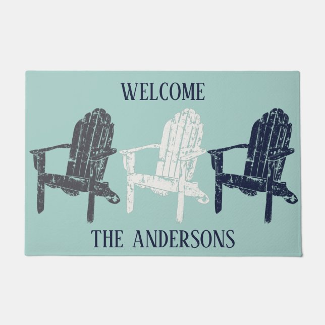 Adirondack Chairs Navy Blue and Aqua Personalised Doormat (Front)