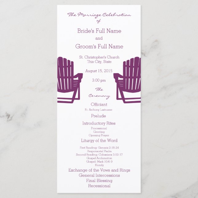 Adirondack Chairs Plum Beach Wedding Program Programme (Front)