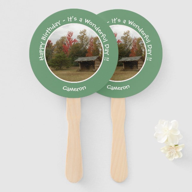 Adirondack Lean-to in Autumn Birthday Party Items Hand Fan (Front and Back)