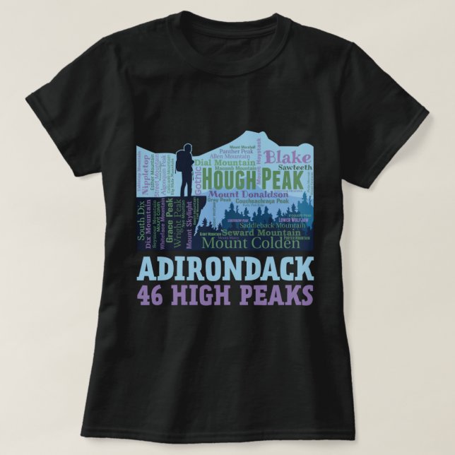 Adirondack Mountains 46 High Peaks List Word Cloud T-Shirt (Design Front)