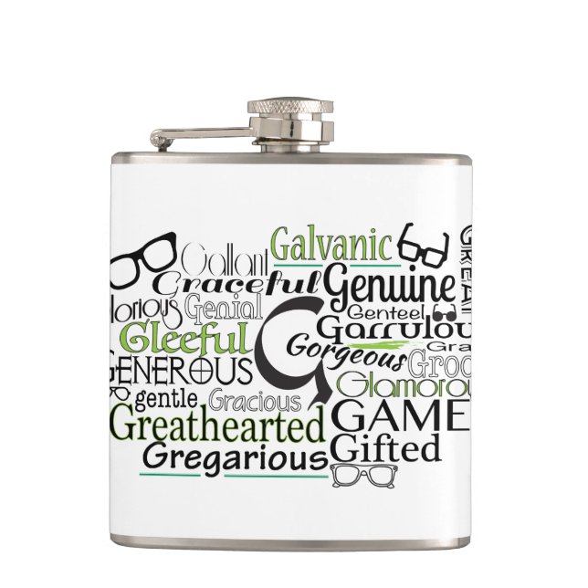 Adjective Word Cloud beginning with letter G Hip Flask (Front)