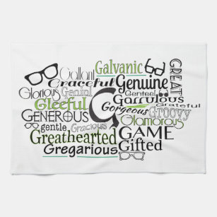 Adjective Word Cloud beginning with letter G Tea Towel