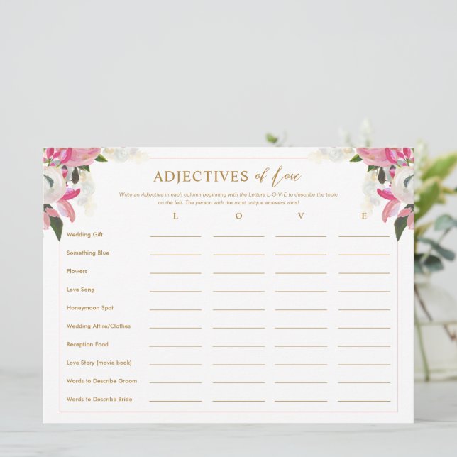 Adjectives of Love List Pink Bridal Shower Game Invitation (Standing Front)