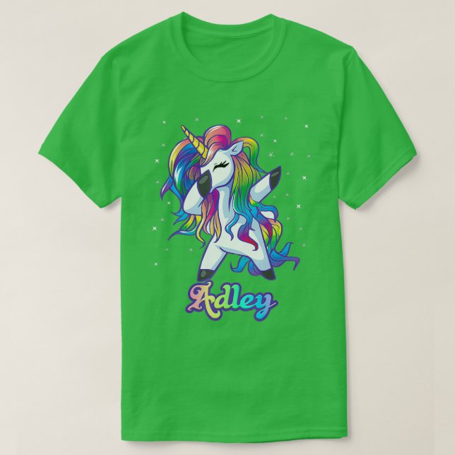 ADLEY Name Personalised Custom Rainbow Unicorn Dab T-Shirt (Design Front)