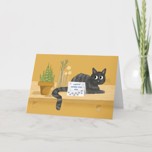 Admin Pro Day Funny Cat on Table With Plants Card (Front)