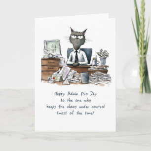 Admin Pro Day Funny Man Cat at Desk with Papers Card