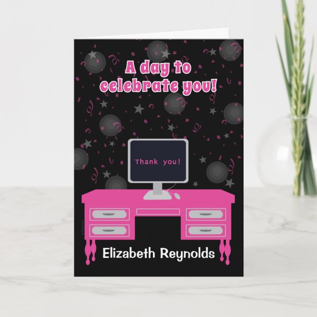 Administrative Professionals Day Hot Pink Desk Thank You Card (Front)