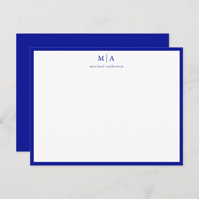 Admiral Blue Border Monogram Correspondence Card (Front/Back)