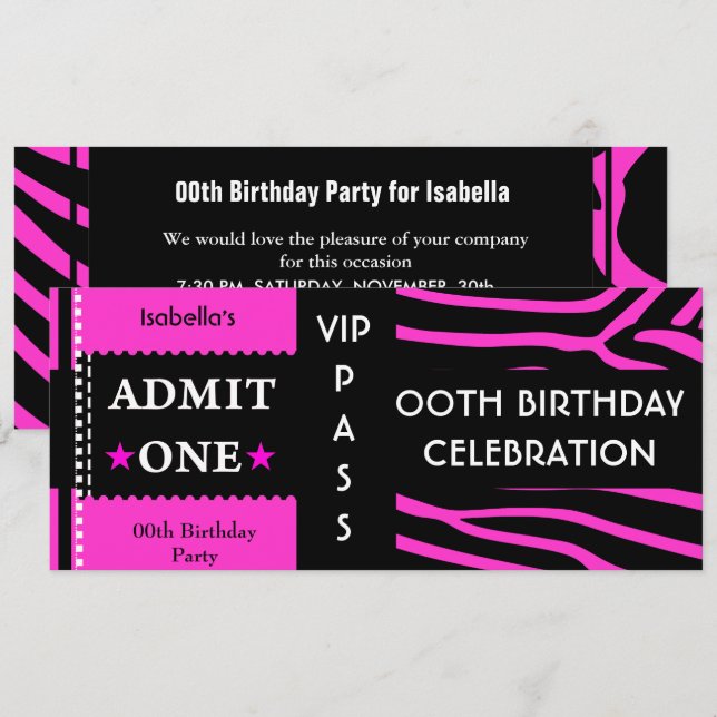 Admission Birthday Party Zebra Hot Pink Black Invitation (Front/Back)