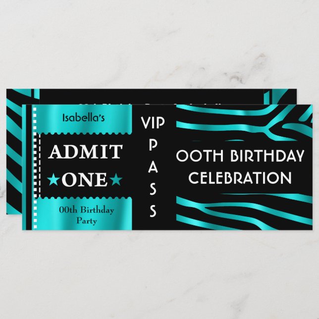 Admission Birthday Party Zebra Teal Blue Black Invitation (Front/Back)