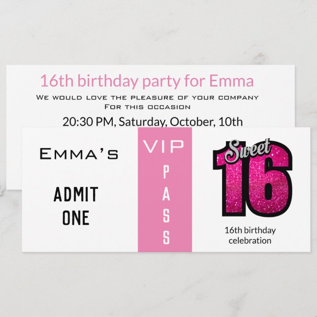 Admission Ticket 16th Birthday Party Pink & White Invitation (Front/Back)