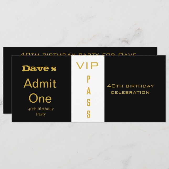 Admission Ticket Any Age Birthday Black and Gold Invitation (Front/Back)