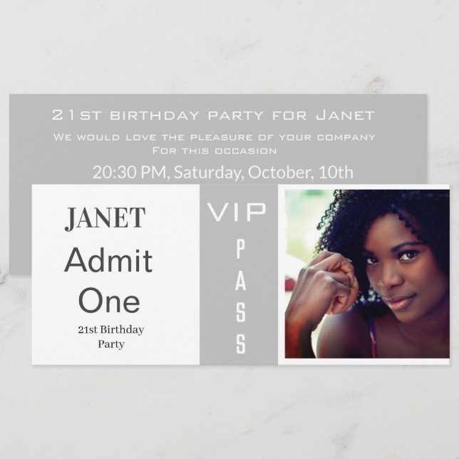 Admission Ticket Any Age Birthday Photo Grey White Invitation (Front/Back)