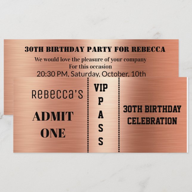 Admission Ticket Birthday Party Black Rose Gold  Invitation (Front/Back)