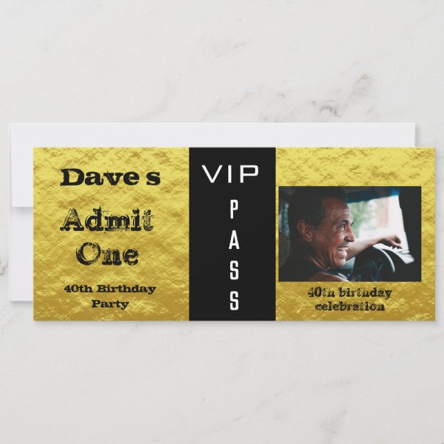 Admission Ticket Birthday Party Gold & Black Photo Invitation (Front)