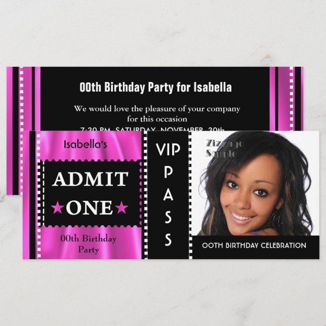 Admission Ticket Birthday Party Photo Pink Black Invitation (Front/Back)
