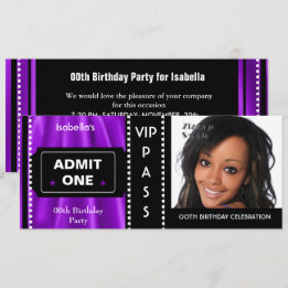 Admission Ticket Birthday Party Photo Purple Black Invitation