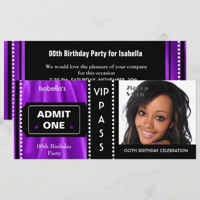 Admission Ticket Birthday Party Photo Purple Black Invitation (Front/Back)