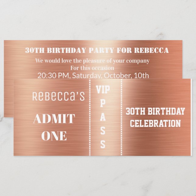 Admission Ticket Birthday Party Rose Gold Foil Invitation (Front/Back)