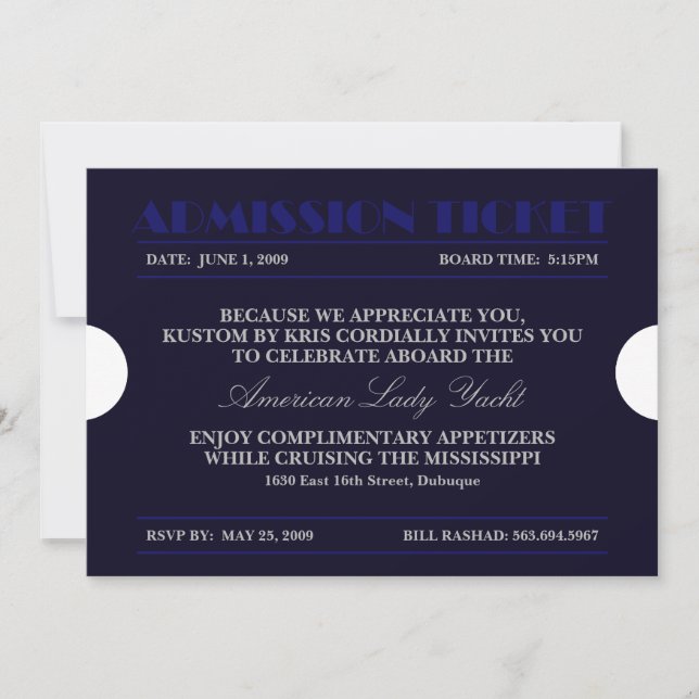 Admission Ticket Blue 5x7 Invitations (Front)