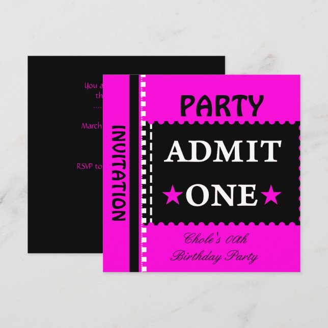 Admit One Birthday Party Girls Hot Pink Invitation (Front/Back)