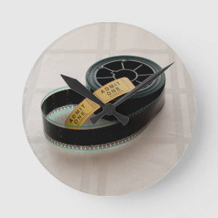 Admit One Ticket and Film Reel Round Clock