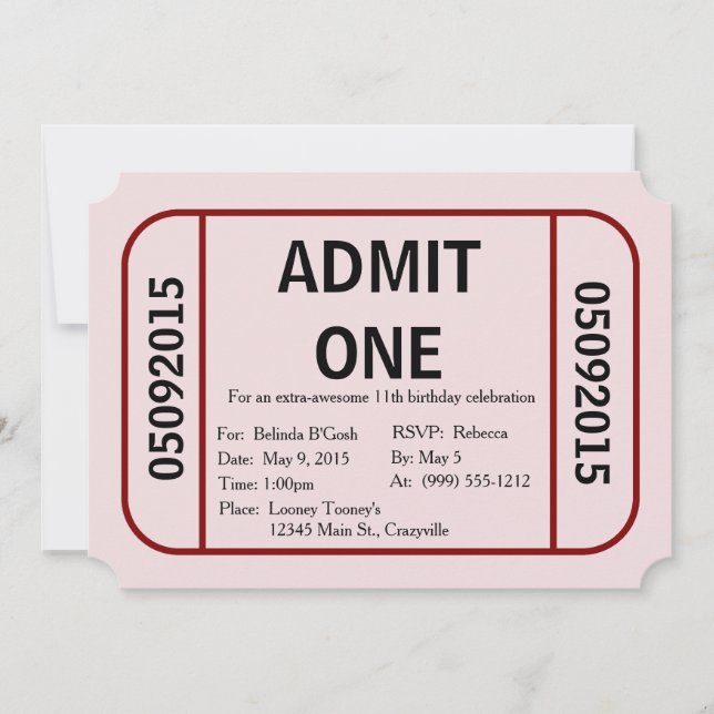 Admit One Ticket Birthday Party Invitation (Front)