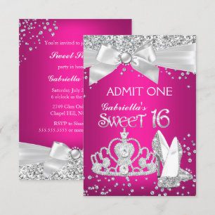 Admit Sparkle Tiara Heels Sweet 16 Hot Pink Invitation