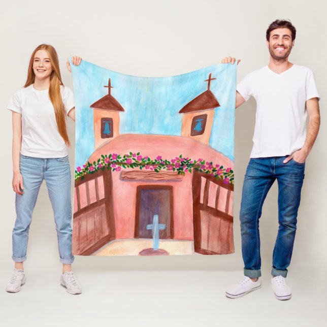 Adobe Church Watercolor New Mexico CUSTOM Fleece Blanket (In Situ)