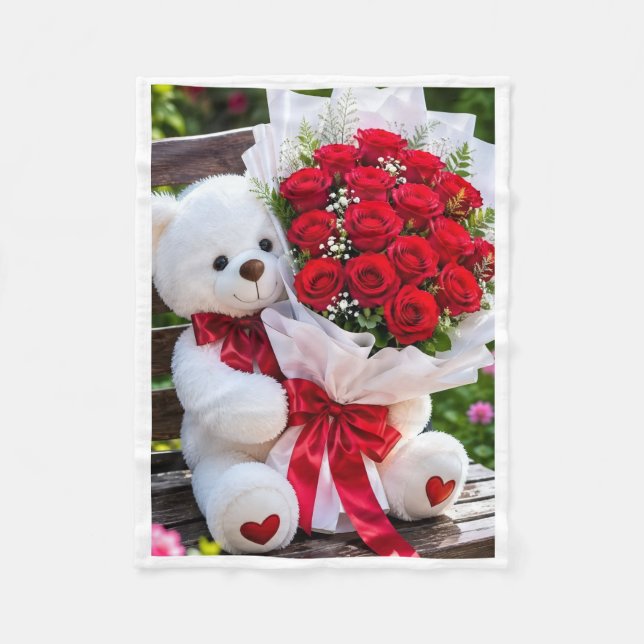ADOM Cute Teddy Bear & Roses Blanket (Front)