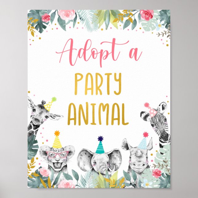 Adopt A Party Animal Pink Gold Birthday Sign (Front)