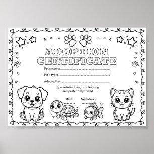 Adopt a pet colouring certificate poster