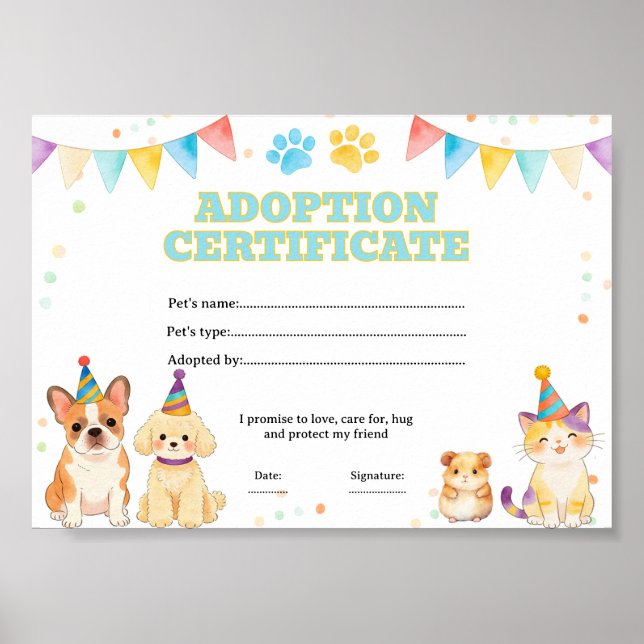 Adopt a pet colouring certificate poster (Front)