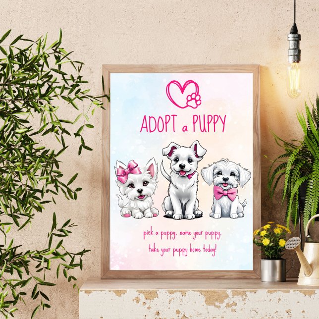 Adopt  a puppy party sign cute white pink puppies (Adopt a puppy party sign cute white puppies with pink bows dog themed party )