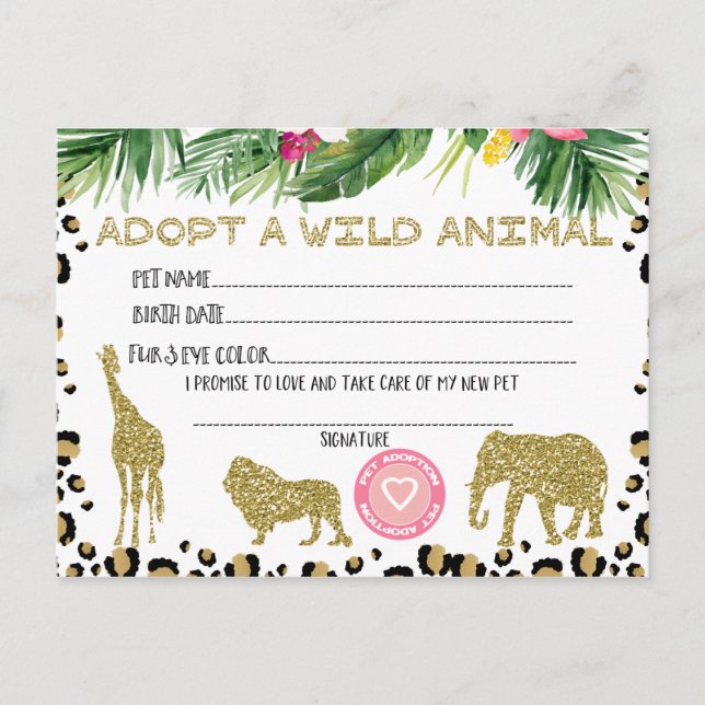 Adopt A Wild Animal Birthday Party Certificate Postcard (Front)