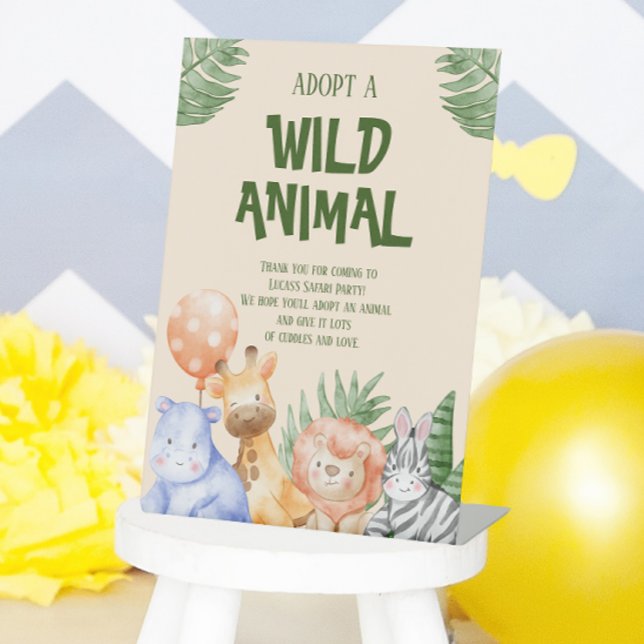 Adopt An Animal Children's Safari Birthday Pedestal Sign (Adopt a wild animal party sign)