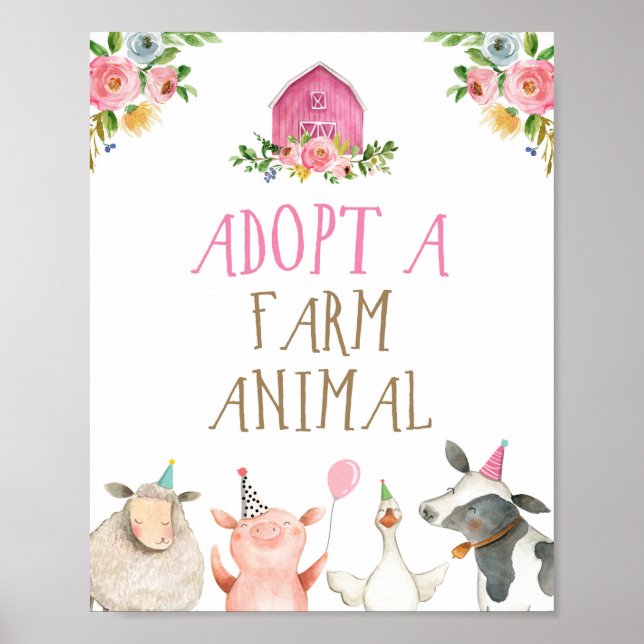 Adopt an Animal Farm Animals Barn Girl Birthday Poster (Front)