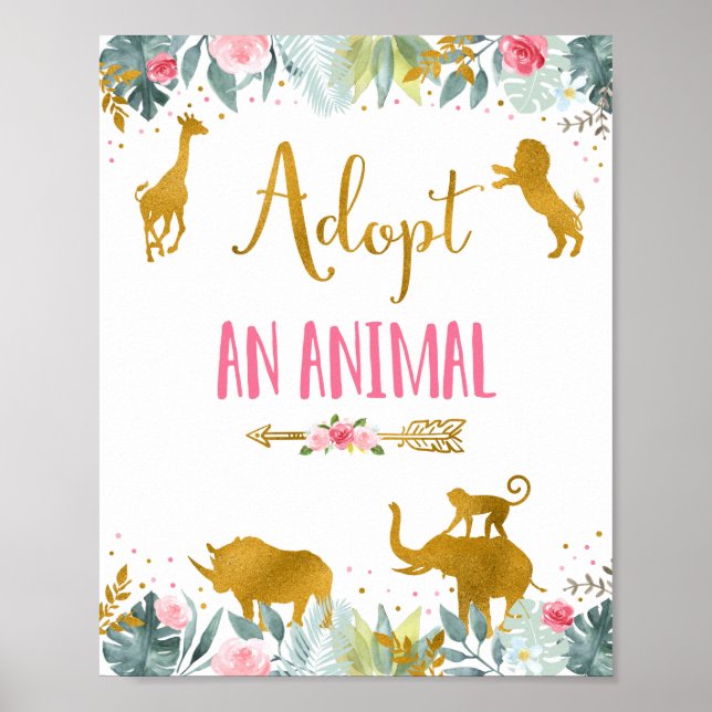 Adopt An Animal Pink Gold Safari Birthday Sign (Front)