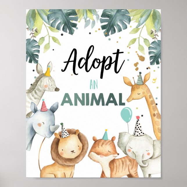 Adopt an Animal Safari Animals Birthday Table Sign (Front)
