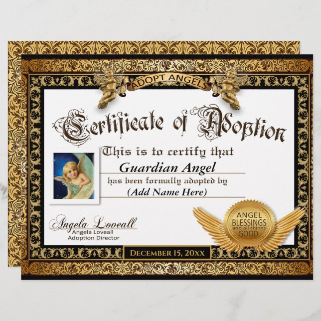Adopt Angels™ Certificate of Adoption (Front/Back)