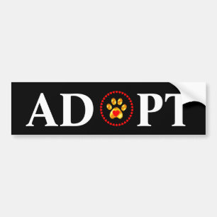 Adopt calligraphy with pet paw & hearts on black bumper sticker