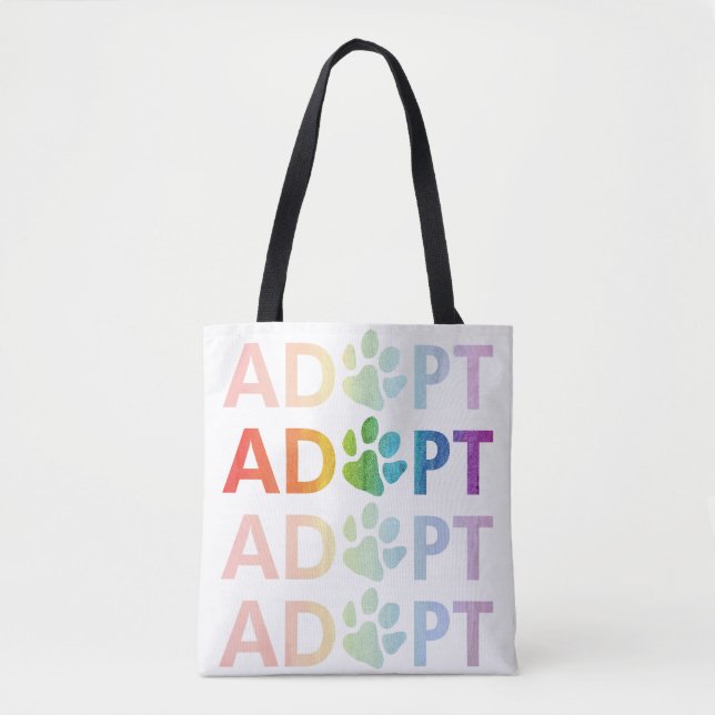 Adopt Paw Stacked Text Rainbow Tote Bag (Front)