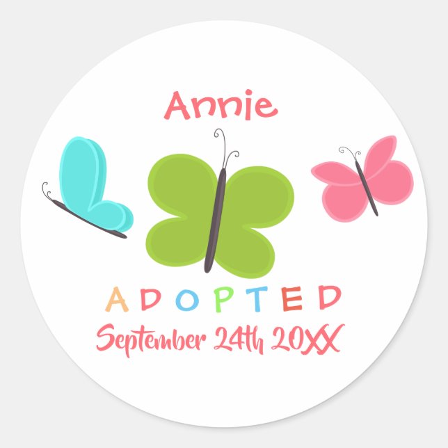 Adopted Butterfly Adoption - Custom Name Classic Round Sticker (Front)