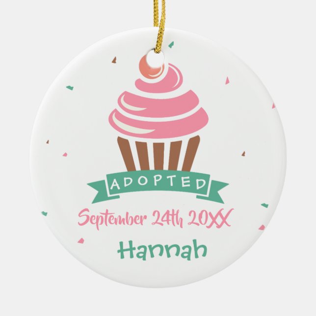 Adopted Cupcake - Custom Name Date Ceramic Tree Decoration (Front)