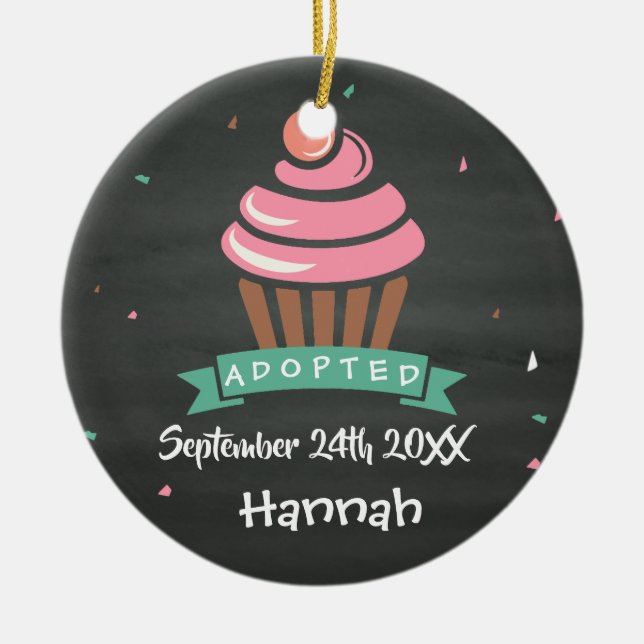 Adopted Cupcake - Custom Name Date Ceramic Tree Decoration (Front)